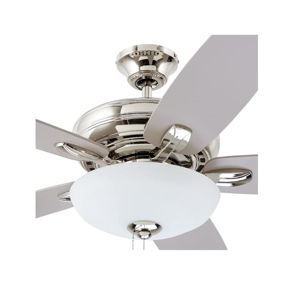 kathy ireland HOME Ashland LED Ceiling Fan with Light Kit | 52 Inch Fixture with 5 Blades, Removable Glass Shade, and Pull Chain | Low Profile Hugger with Dual Mount and Downrod, Polished Nickel
