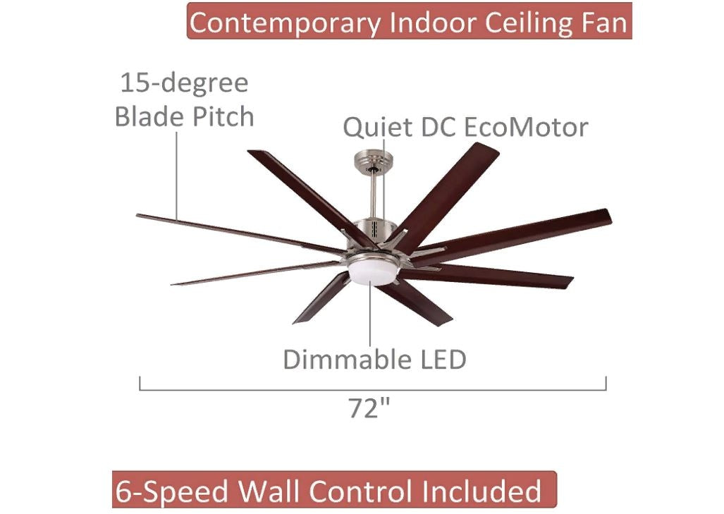 Emerson CF985LBS Aira Eco 72" Modern Ceiling Fan, 8-Blade LED Lighting/6-Speed Wall Control