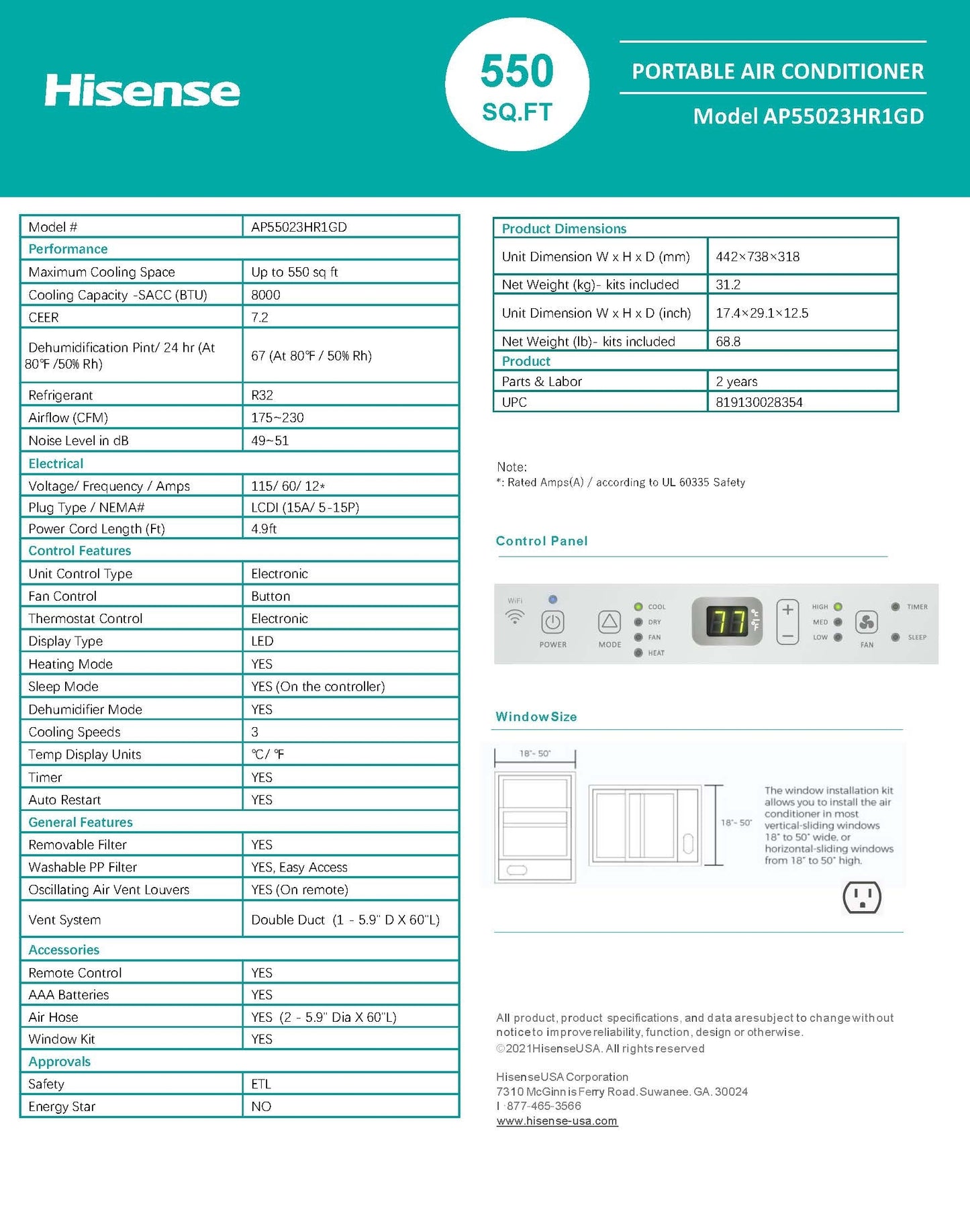 Hisense Smart SACC 8,000 BTU Portable Air Conditioner w/ Heat Pump WiFi Enabled White AP55023HR1GD
