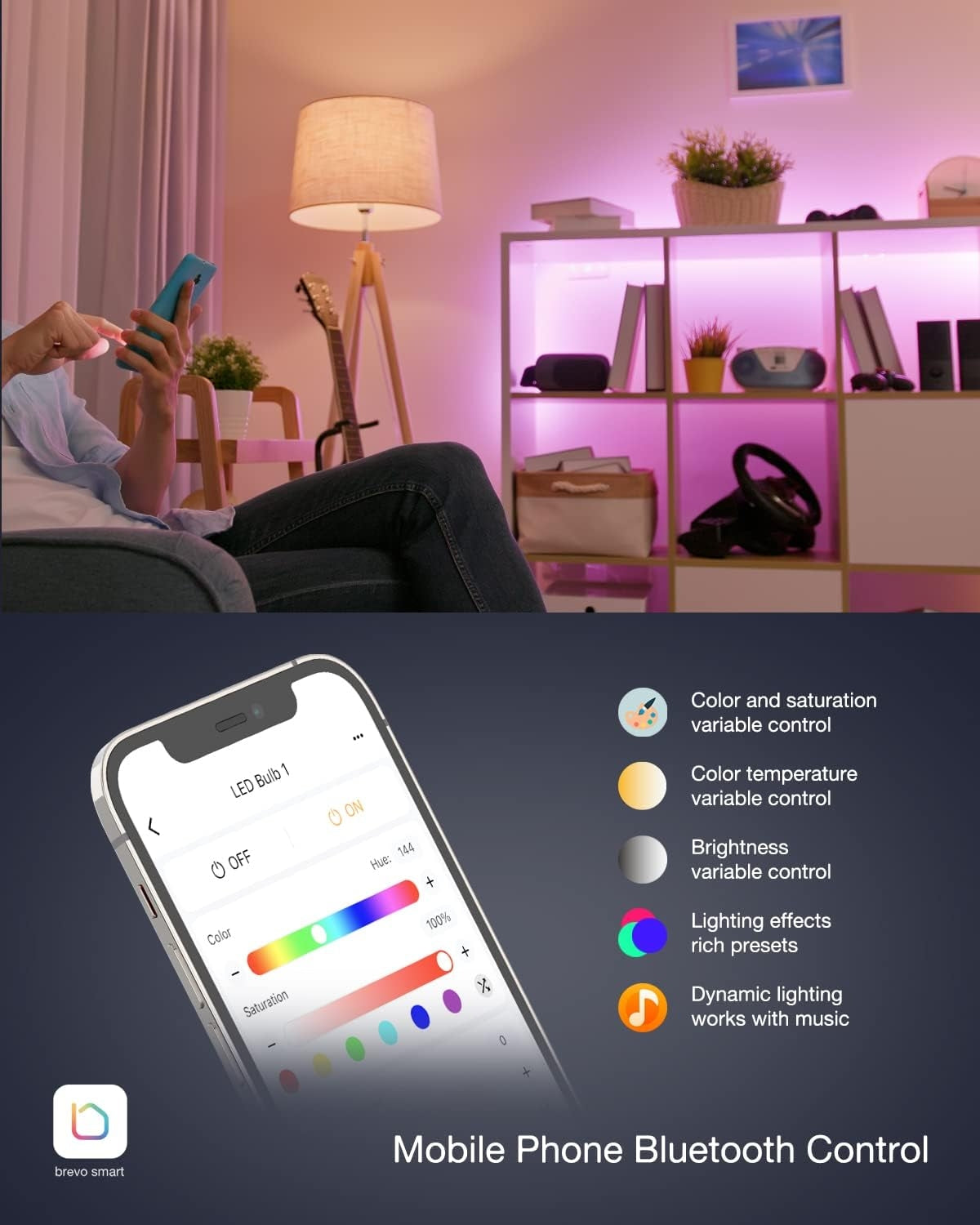 Brevo Bluetooth Mesh Smart LED Light Bulbs, 7.5W 730 Lumens 60W Equivalent, 2700k to 6500k Tunable White, A19 E26, 2 Pack - JDWBULB5W