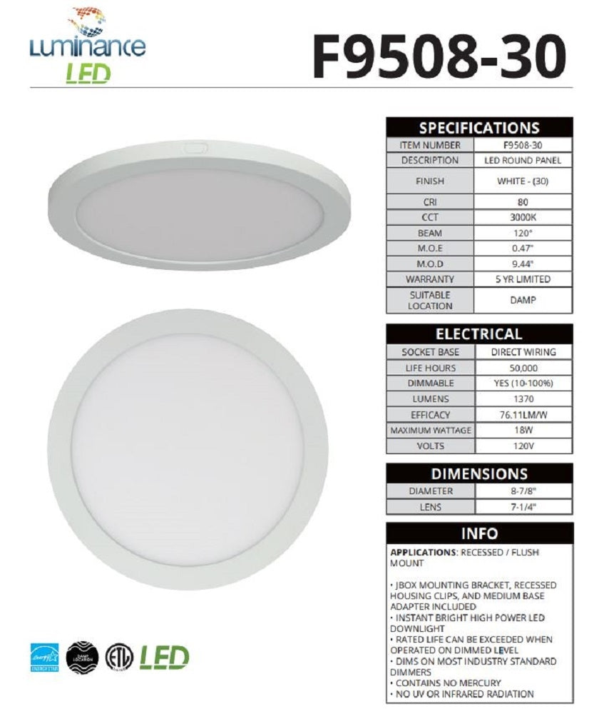 Luminance 8" LED Round Panel 18W 3000K 1370LM F9508-30