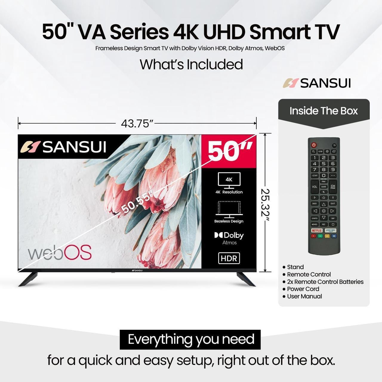 Sansui 50" VA Series 4K UHD Frameless Design Smart TV with Dolby Vision HDR S50VAUW