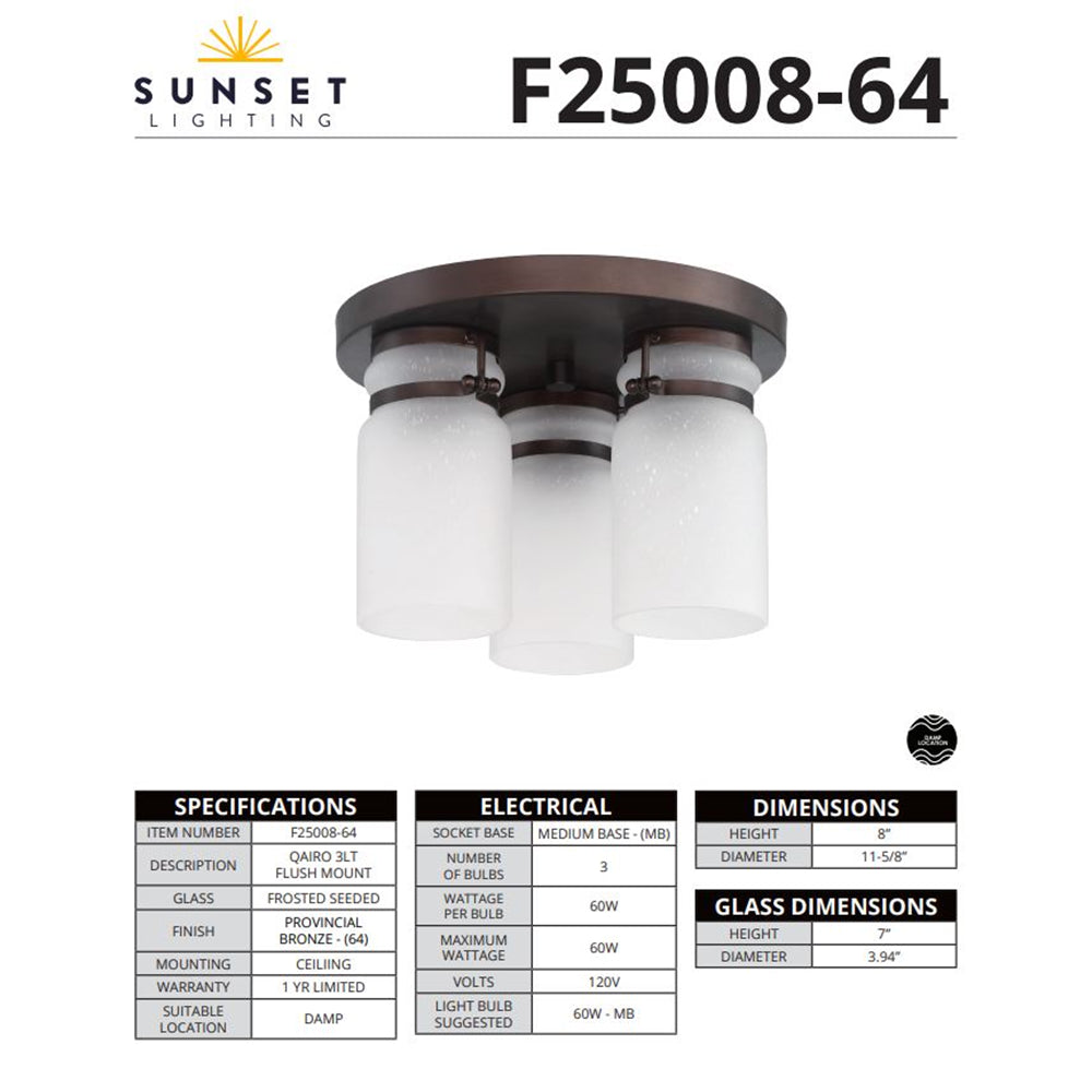 Sunset Lighting Qairo 3-Light Mb Flush Mount Frosted Seeded Glass Provincial Bronze F25008-64