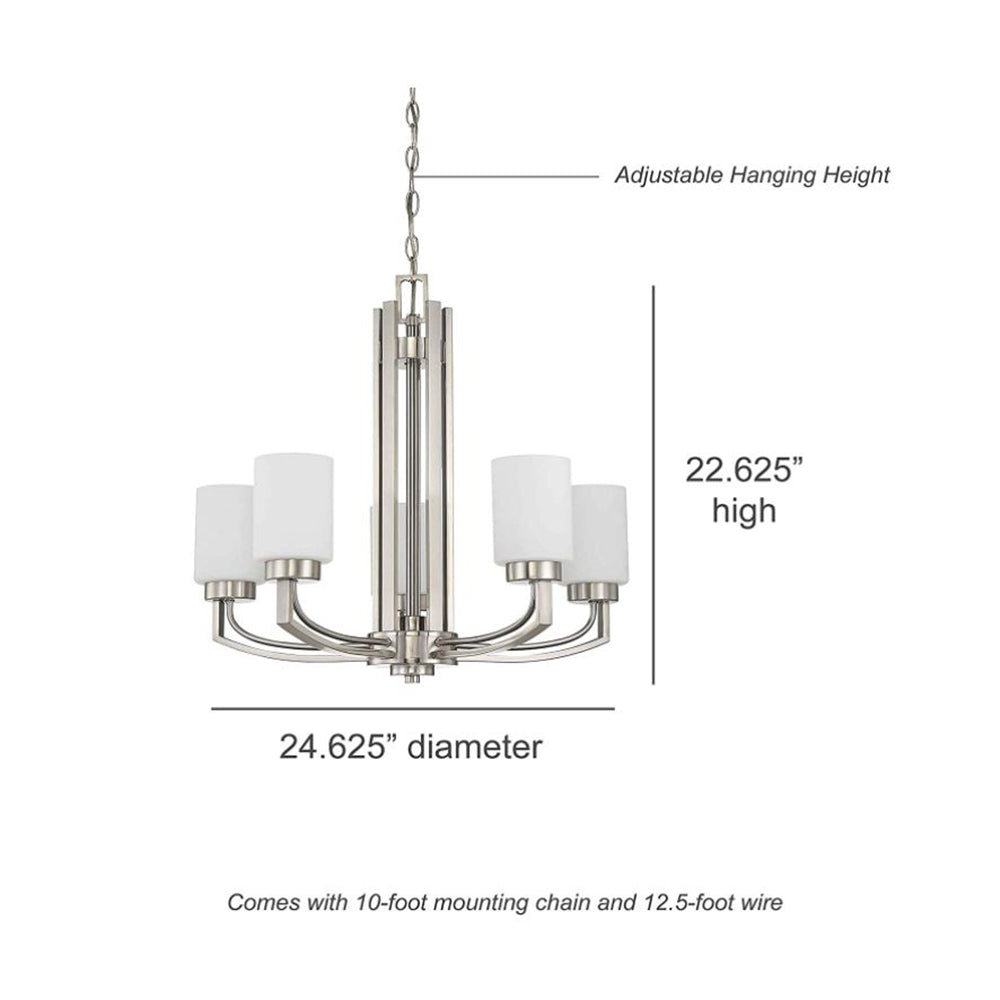 Sunset Lighting Hadley 5-Light Chandelier, Opal Glass 100W Bright Satin Nickel Finish