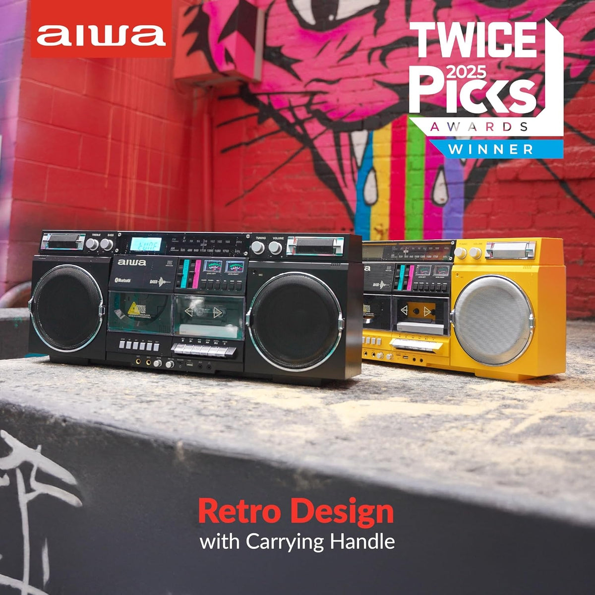 aiwa Retro Boombox CD Player with Cassette Recording, Bluetooth 5.0, FM/AM Radio, USB/SD/AUX Inputs AI7012