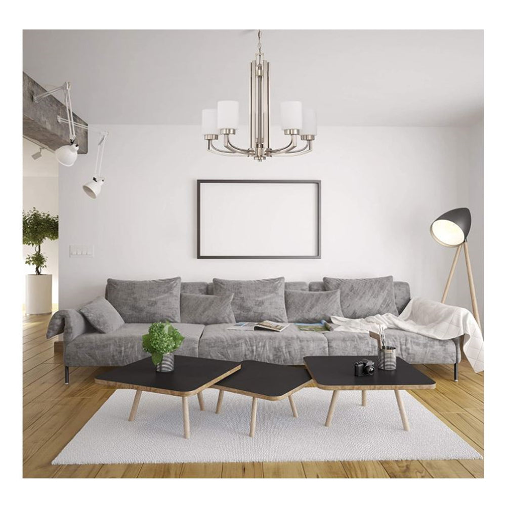 Sunset Lighting Hadley 5-Light Chandelier, Opal Glass 100W Bright Satin Nickel Finish