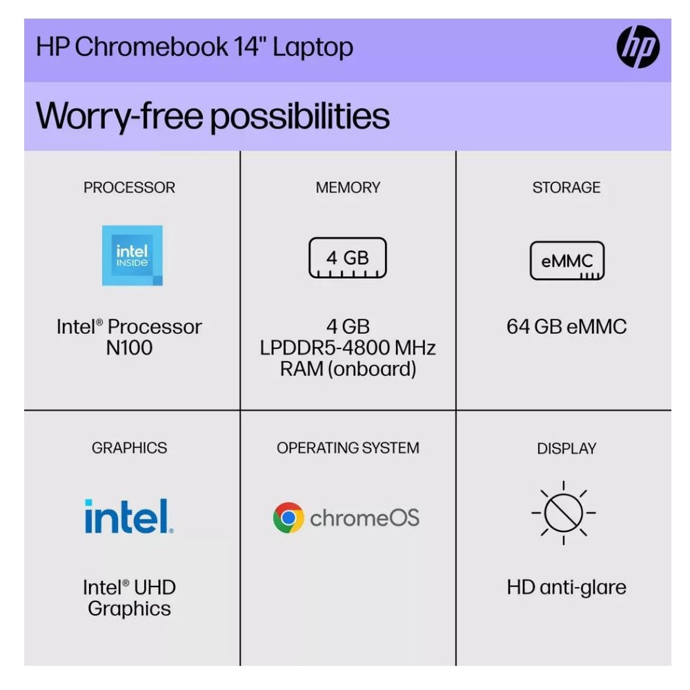 HP 14" Chromebook Intel Processor 4GB RAM 64GB Flash Storage Silver 14A-NF0002TG