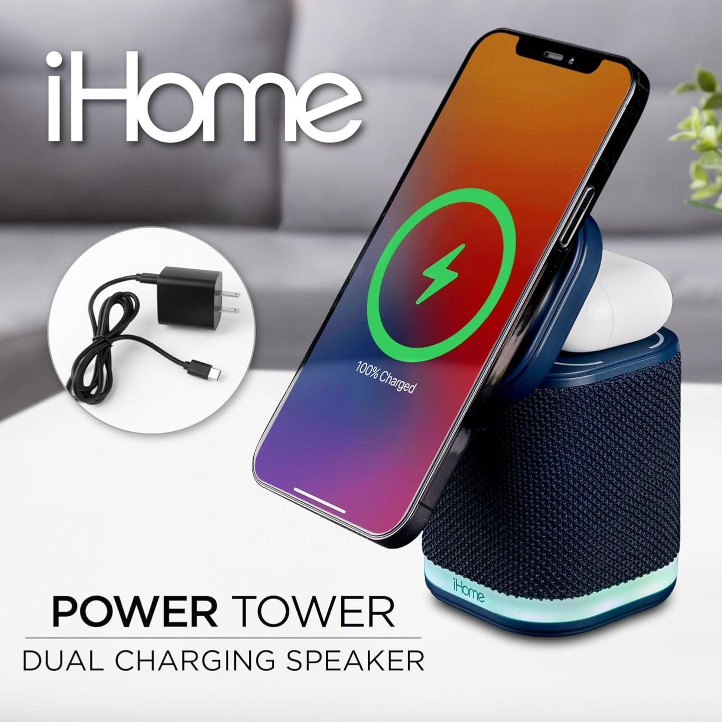 iHome Bluetooth Speaker with Wireless Charger, Charging Station with Color Changing Night Light - Blue iPBT50L