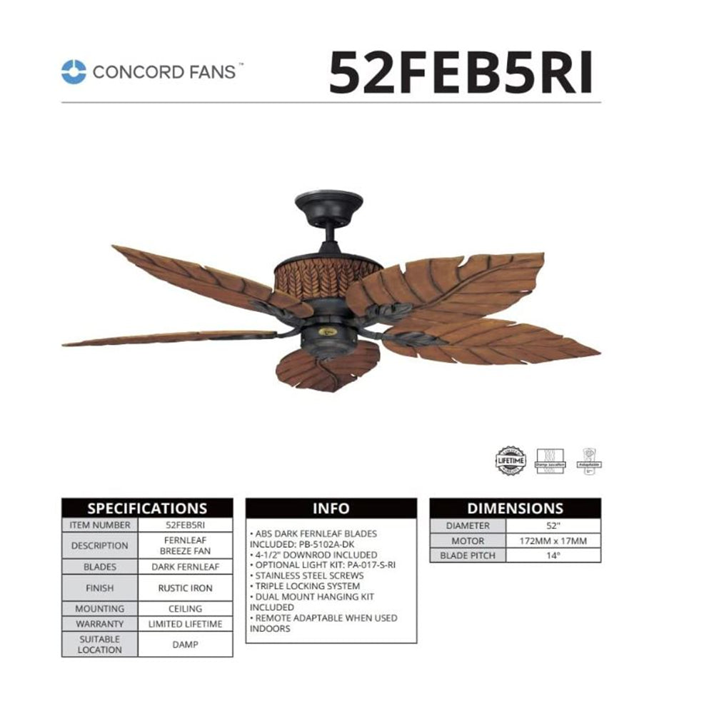 Concord Fernleaf Breeze 52" Rustic Iron Indoor/Outdoor Ceiling Fan 5-Blade 52FEB5RI
