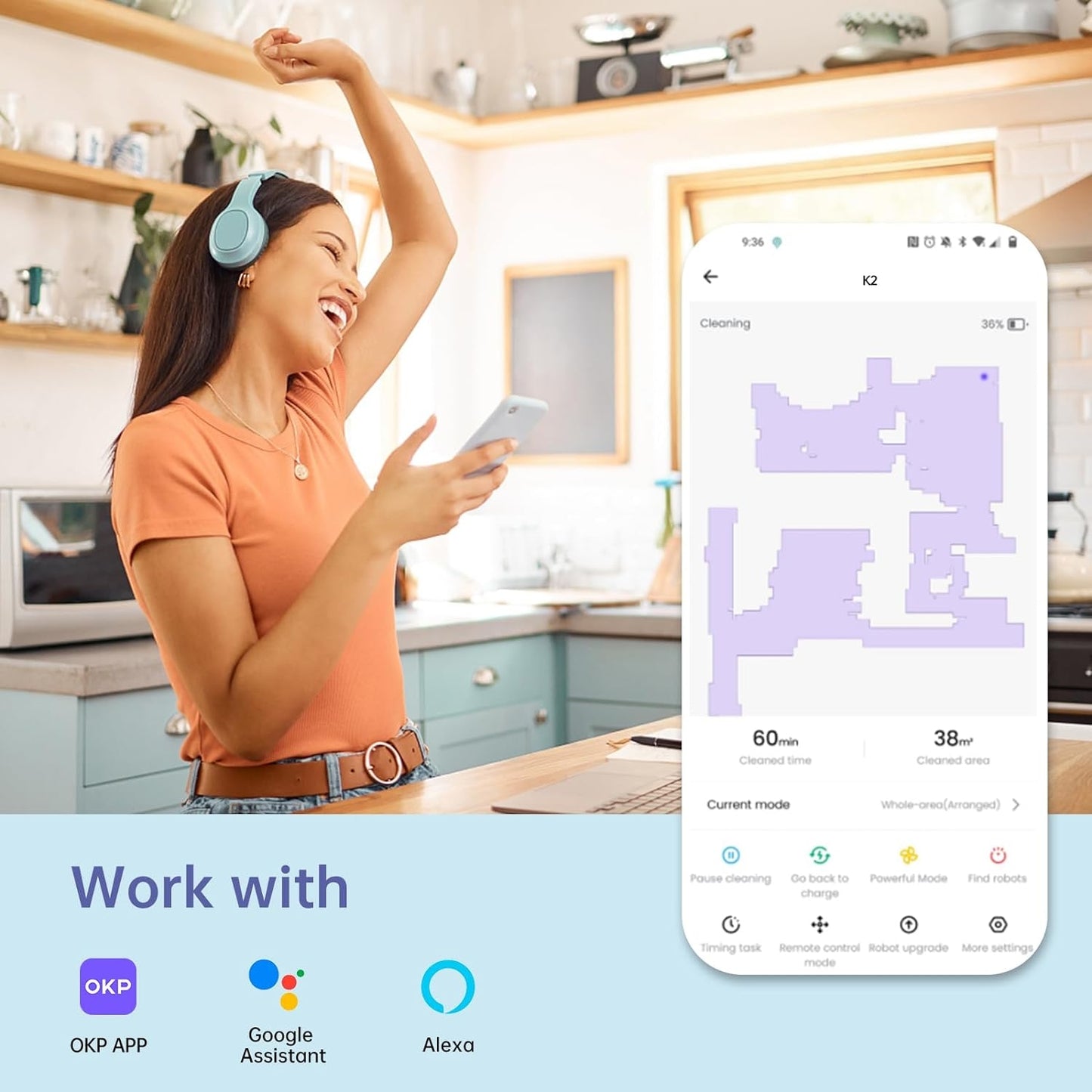 OKP Life K2 Robot Vacuum Cleaner 1800 mAh Battery, App Control K2-BLU