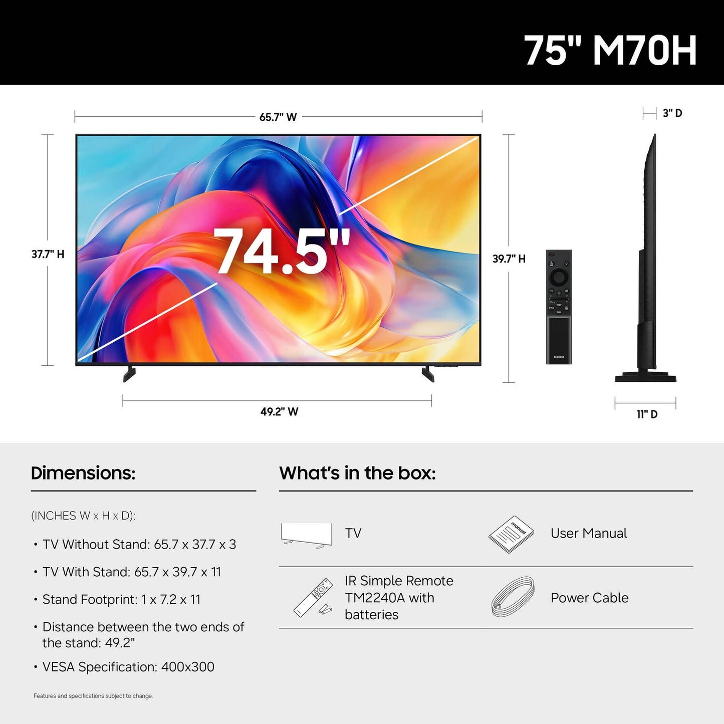 Samsung M70H 75" 4K HDR Smart Mini-LED TV UN75M70HAFXZA