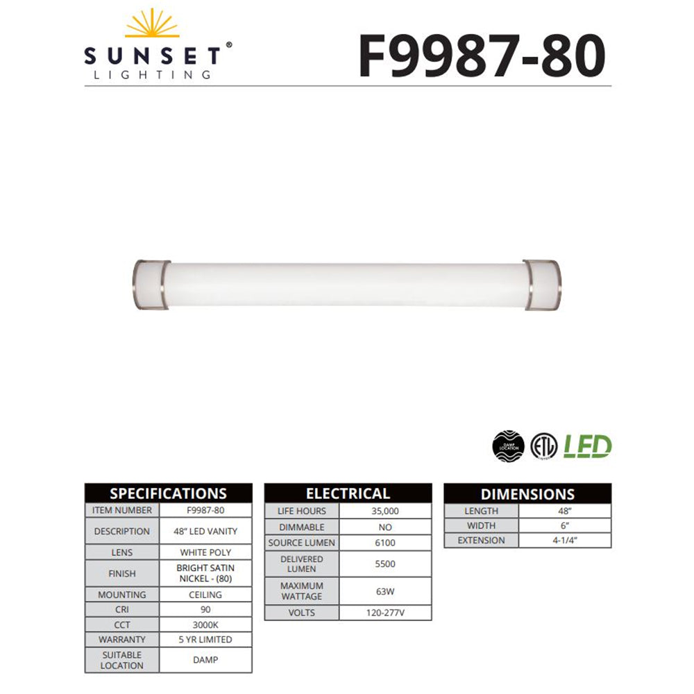 Sunset Lighting LED 48" Vanity 63W 3000K 5500Lm Bright Satin Nickel F9987-80