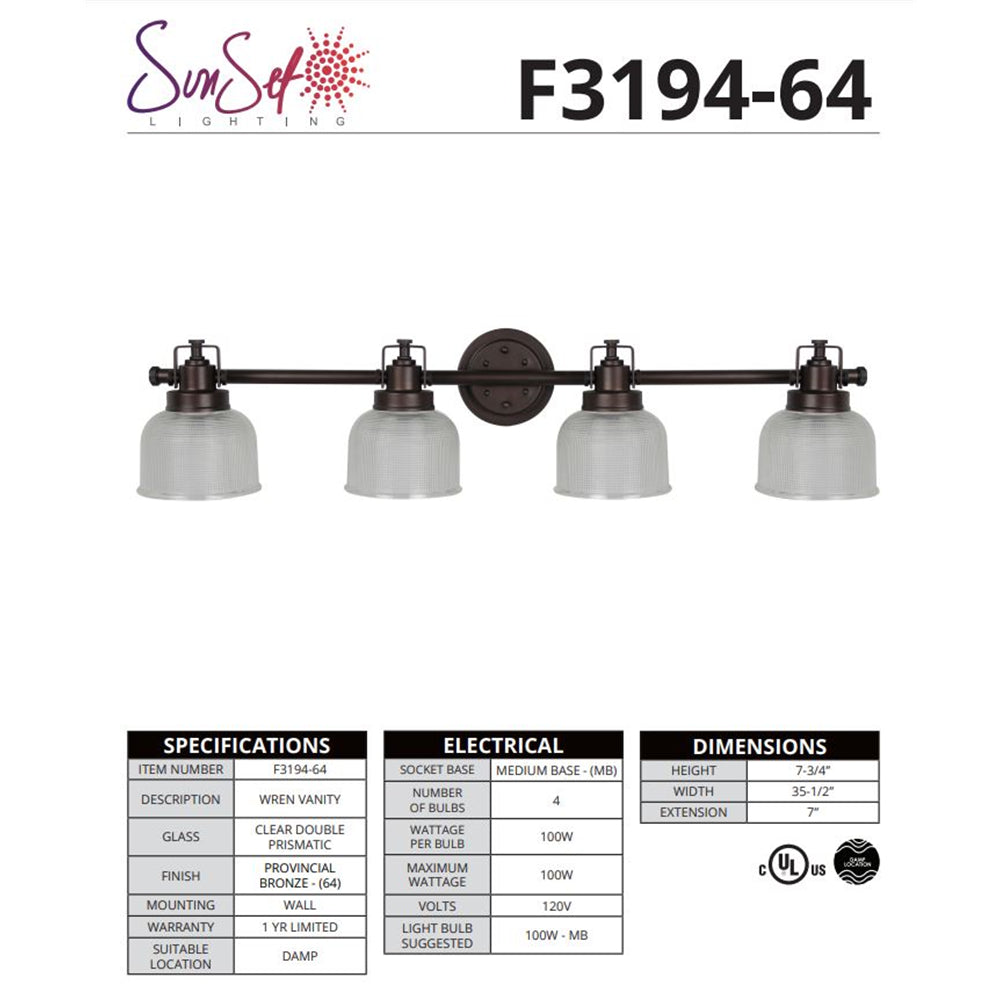 Sunset Lighting Four Light Vanity - Wren Provinzial Bronze F3194-64