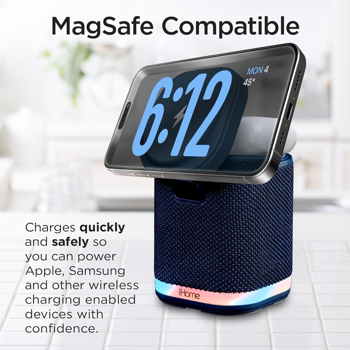 iHome Bluetooth Speaker with Wireless Charger, Charging Station with Color Changing Night Light - Blue iPBT50L