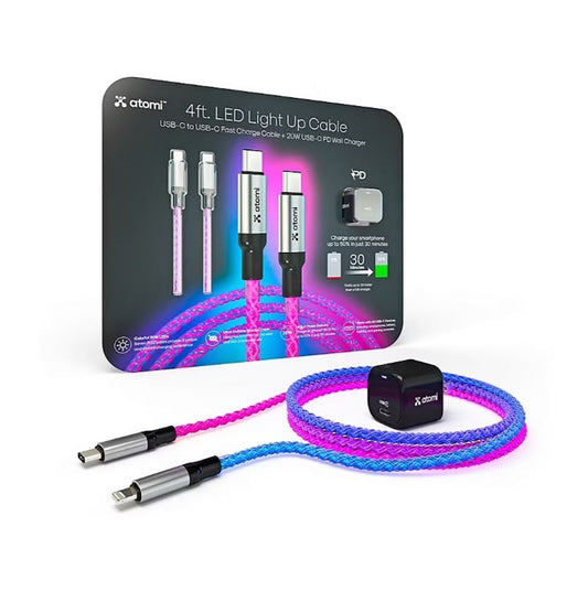 Atomi 4' USB-C to USB-C LED Light Up Cable with PD Charger AT2459