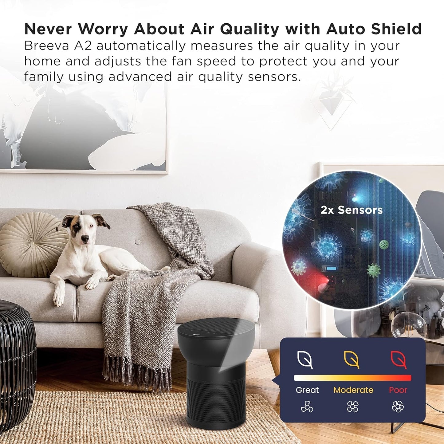 TCL Breeva A2 Wi-Fi Smart Air Purifier and Humidifier, Up to 882 Sq Ft, 4-Stage True HEPA (H13), Removes 99.97% of Dust/Bacteria/Odors & More, App & Voice Control, Auto Shield, Quiet, Black
