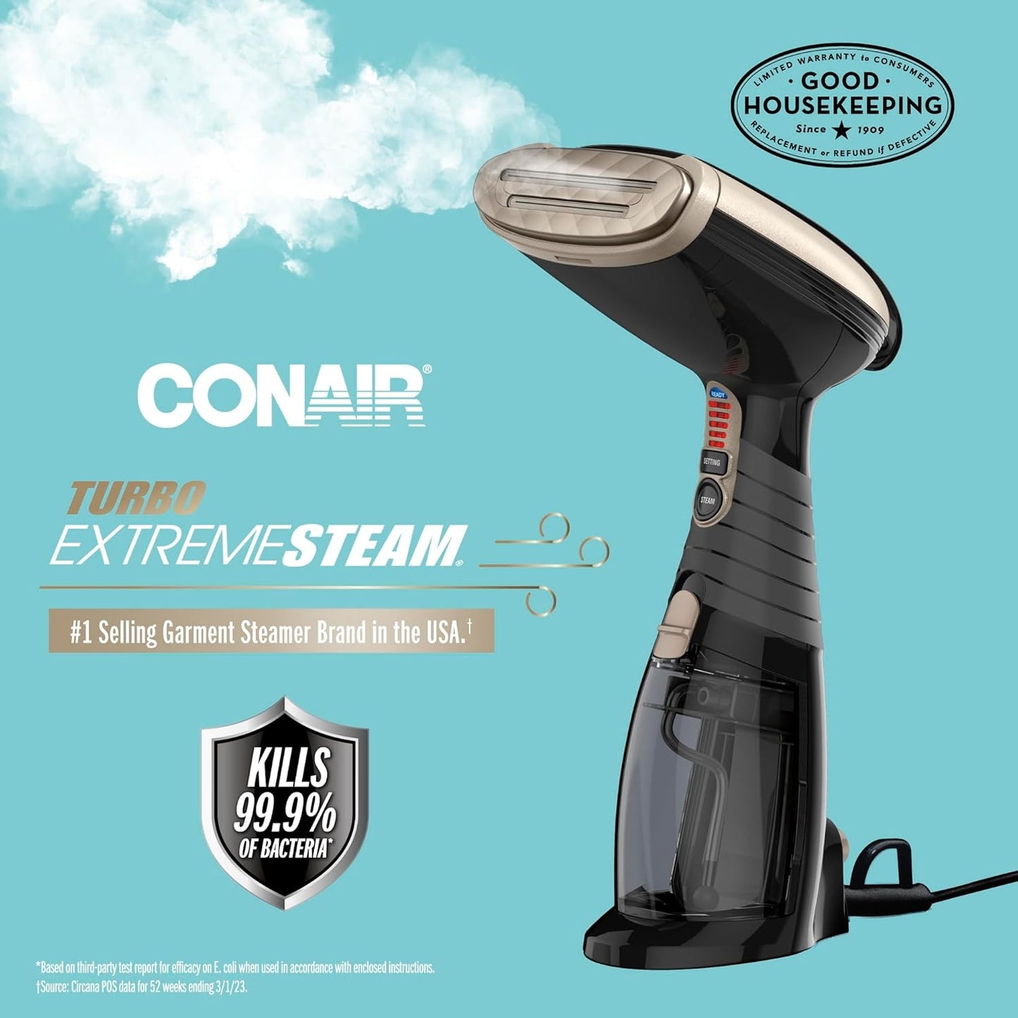 Conair Handheld Garment Steamer for Clothes, Turbo ExtremeSteam 1875W, Portable Handheld Design, Black GS59B