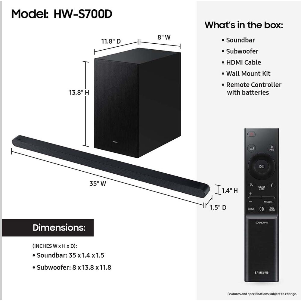 Samsung 3.1 Ch S-Series Soundbar Wireless Subwoofer, Dolby Atmos & Q-Symphony Titan Black HW-S700D/ZA
