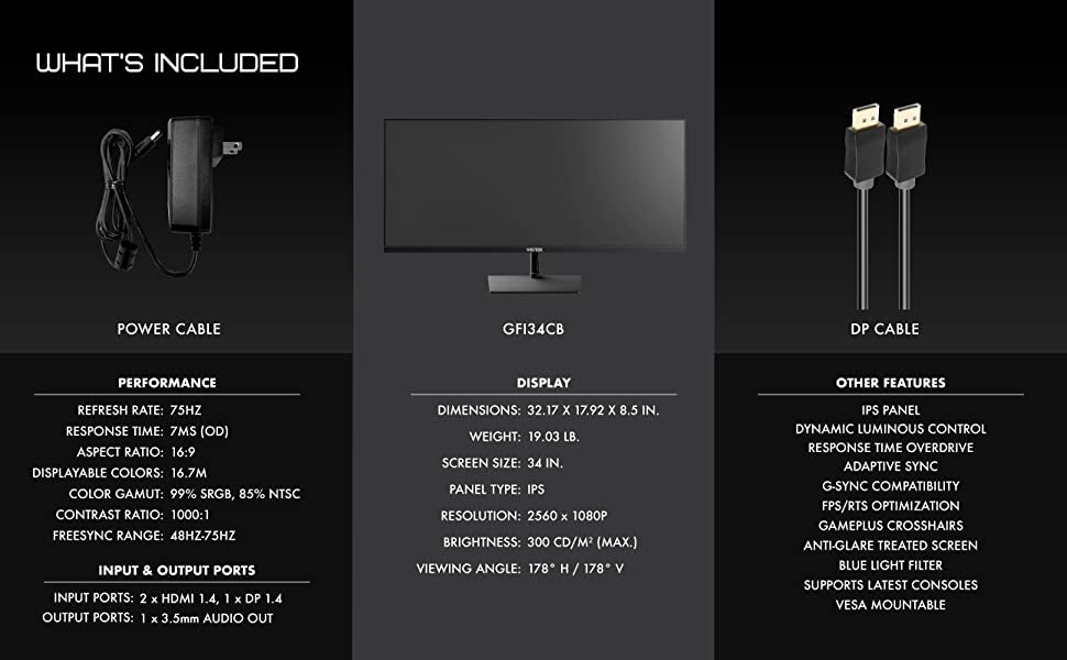 Viotek 34" IPS Gaming Monitor 75hz, 7ms, 2560x1080, 2X HDMI 2.0, DP - GFI34CB