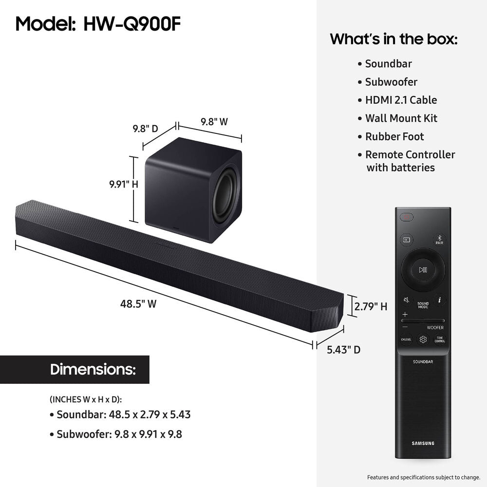 Samsung 7.1.2-Channel Dolby Atmos Soundbar System Wireless Subwoofer HW-Q900F/ZA