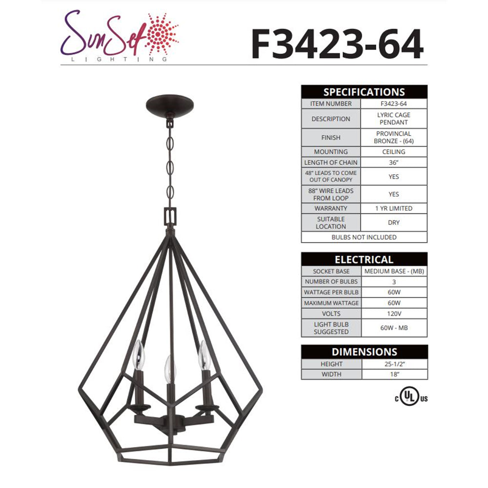 Sunset 3LT 60W Lyric Three Light Pendant in Provincial Bronze F3423-64