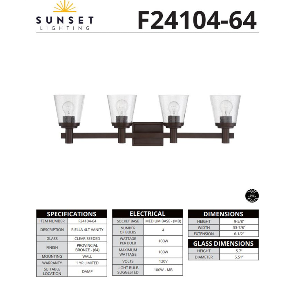 Sunset Lighting Riella 4-Light MB Vanity w/ Clear Seeded Glass F24104-64