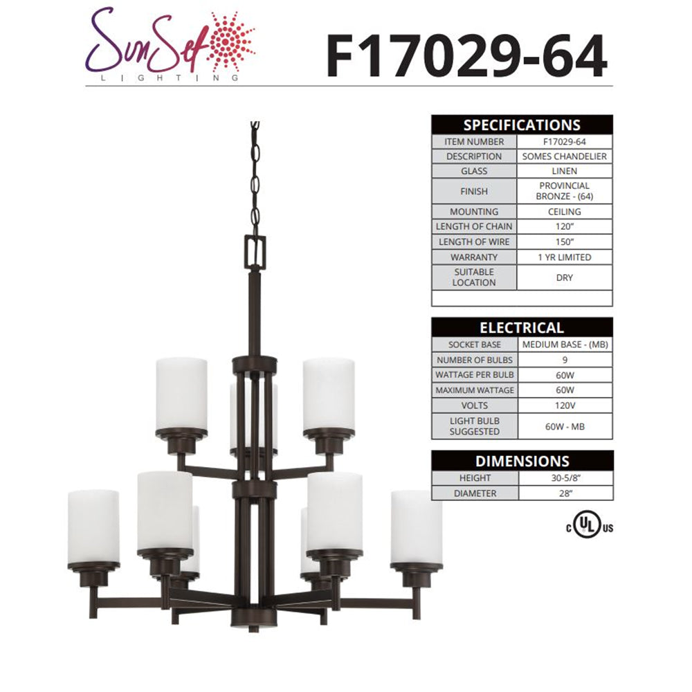Luminance 9-Light Somes 2-Tier Chandelier w/ Linen Glass F17029-64