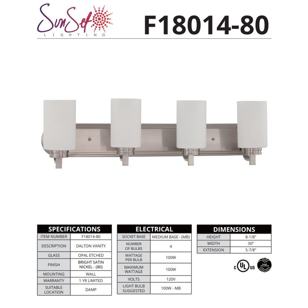 Sunset Lighting Dalton 4-Light Vanity Opal Etched Glass 100W Bright Satin Nickel F18014-80