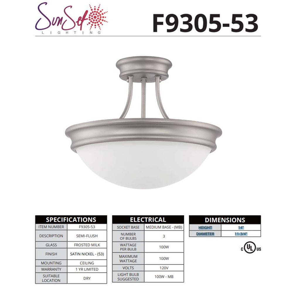 Sunset Lighting 14" 3-Light Semi Flush Mount Frosted Milk Glass Satin Nickel F9305-53