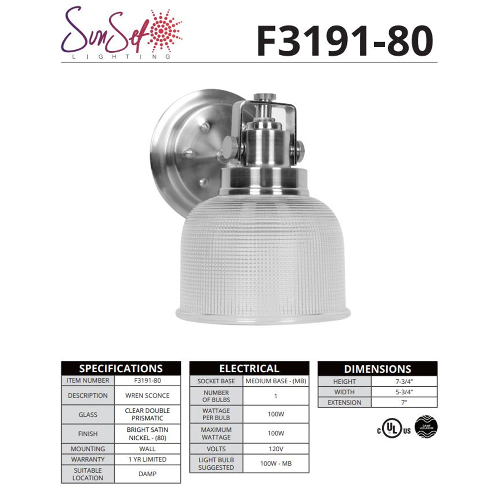 Sunset Lighting 1-Light 100W MB Wren Vanity Sconce F3191-80