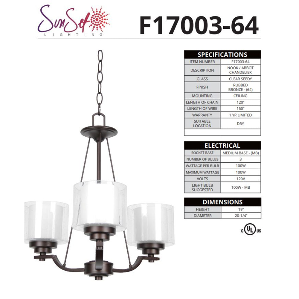 Sunset Lighting 3-Light 100W MB Sunset Chandelier, Provincial Bronze F17003-64