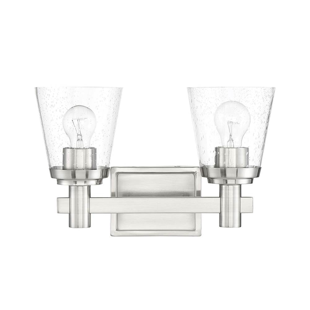 Sunset 2-Light Vanity Cone Shaped Clear Seeded Glass Shades Bright Satin Nickel F24102-80