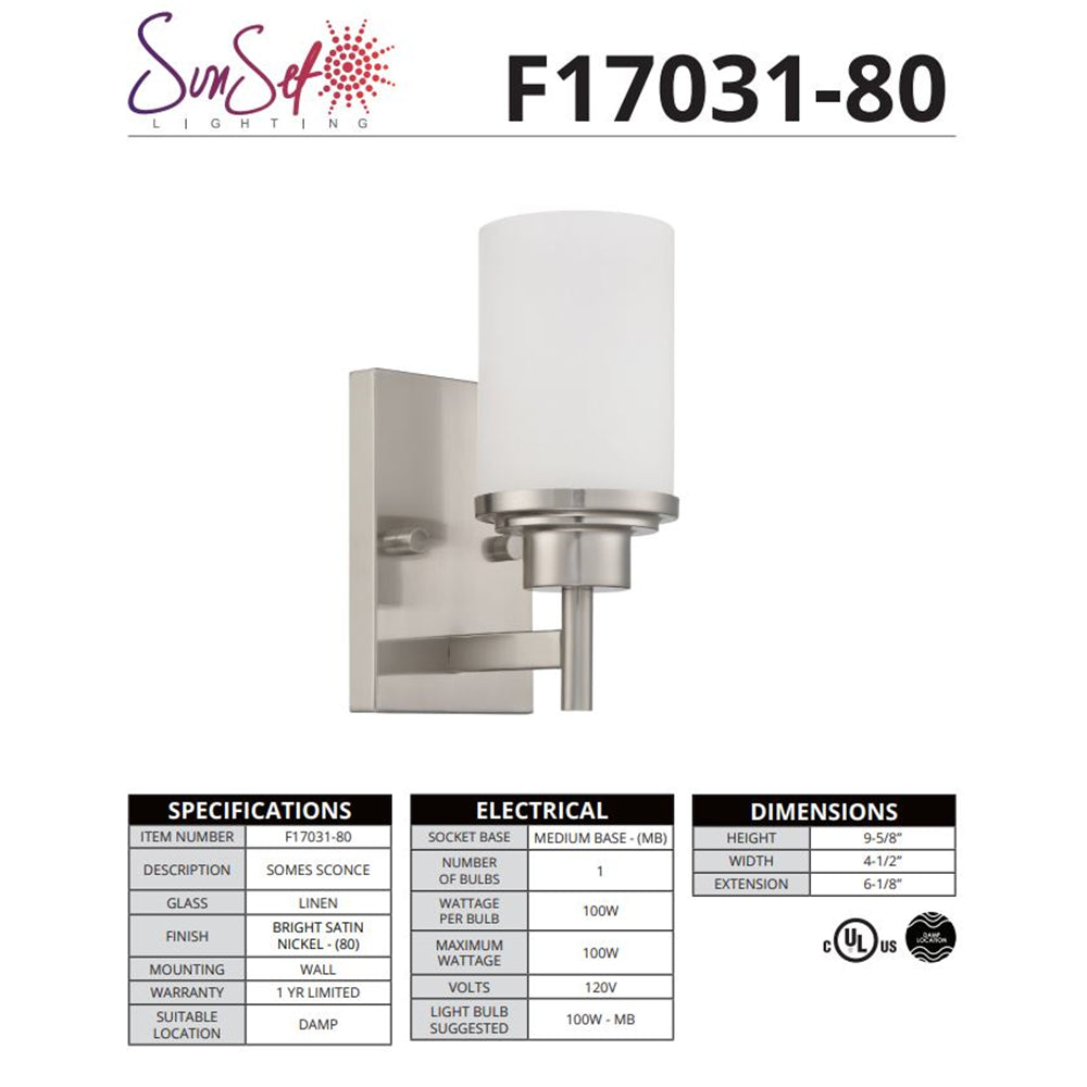 Luminance 1-Light Vanity Linen Glass MB 100W 120v Bright Satin Nickel - F17031-80