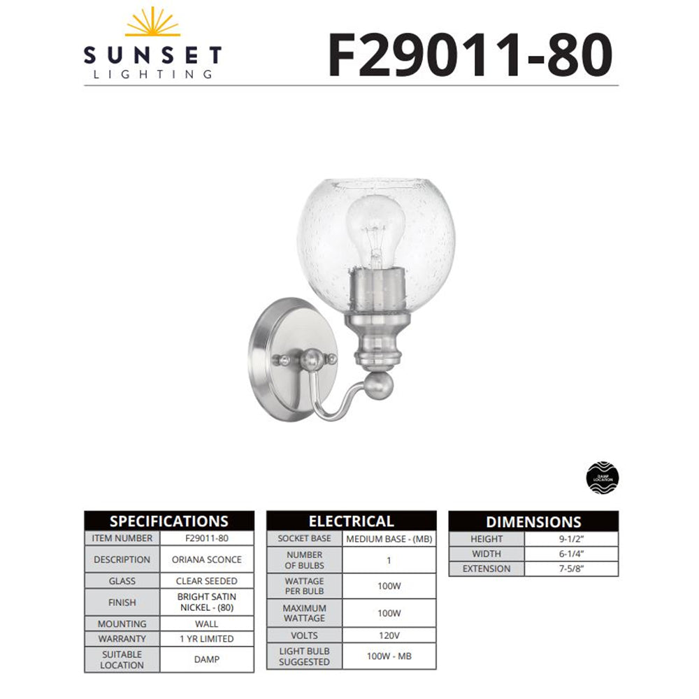 Sunset Lighting Oriana 1-Light MB Vanity w/ Clear Seeded Glass F29011-80