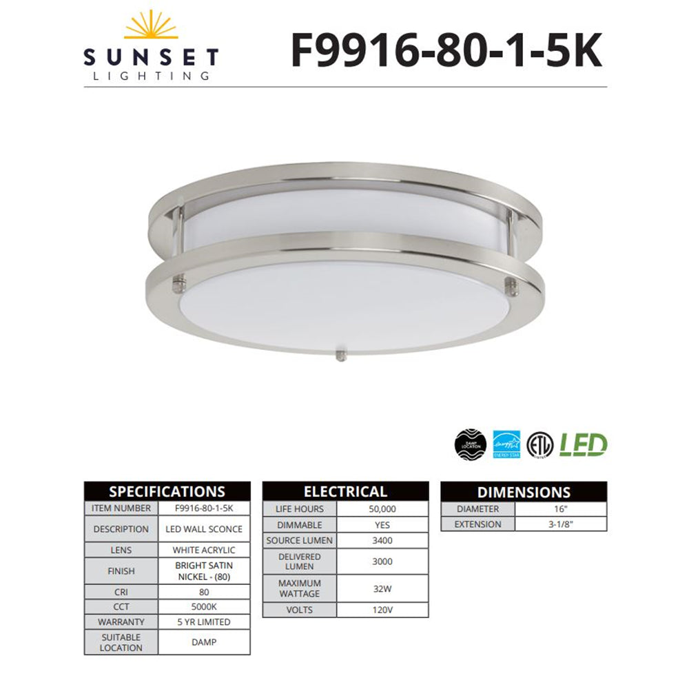 Sunset 16" 32W 5000K Light Bulb LED Round Flush Mount F9916-80-1-5K