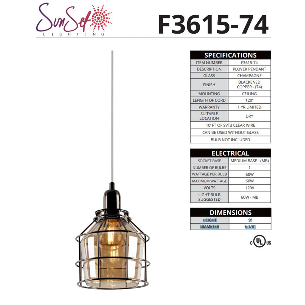 Sunset Lighting Plover 1-Light 60W Pendant Blackened Copper Clear Glass - F3615-74-CLR