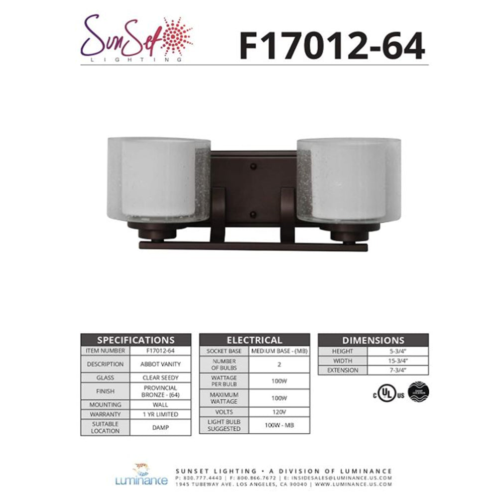Sunset Lighting Abbot 2-Light 100W Bath Vanity Provincial Bronze - F17012-64