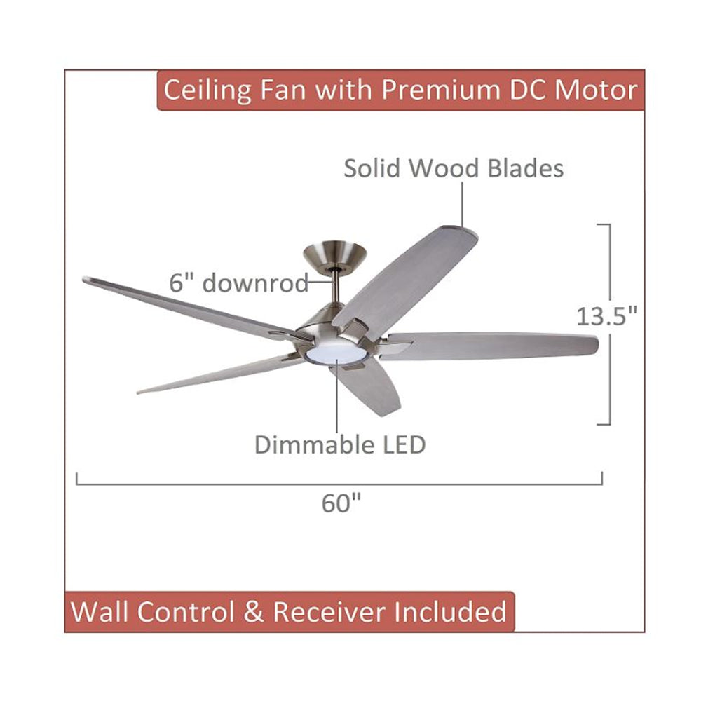 Dorian Eco 60" Ceiling Fan Wall control Gray Solid Wood Blades Brushed Steel CF515TM60BS