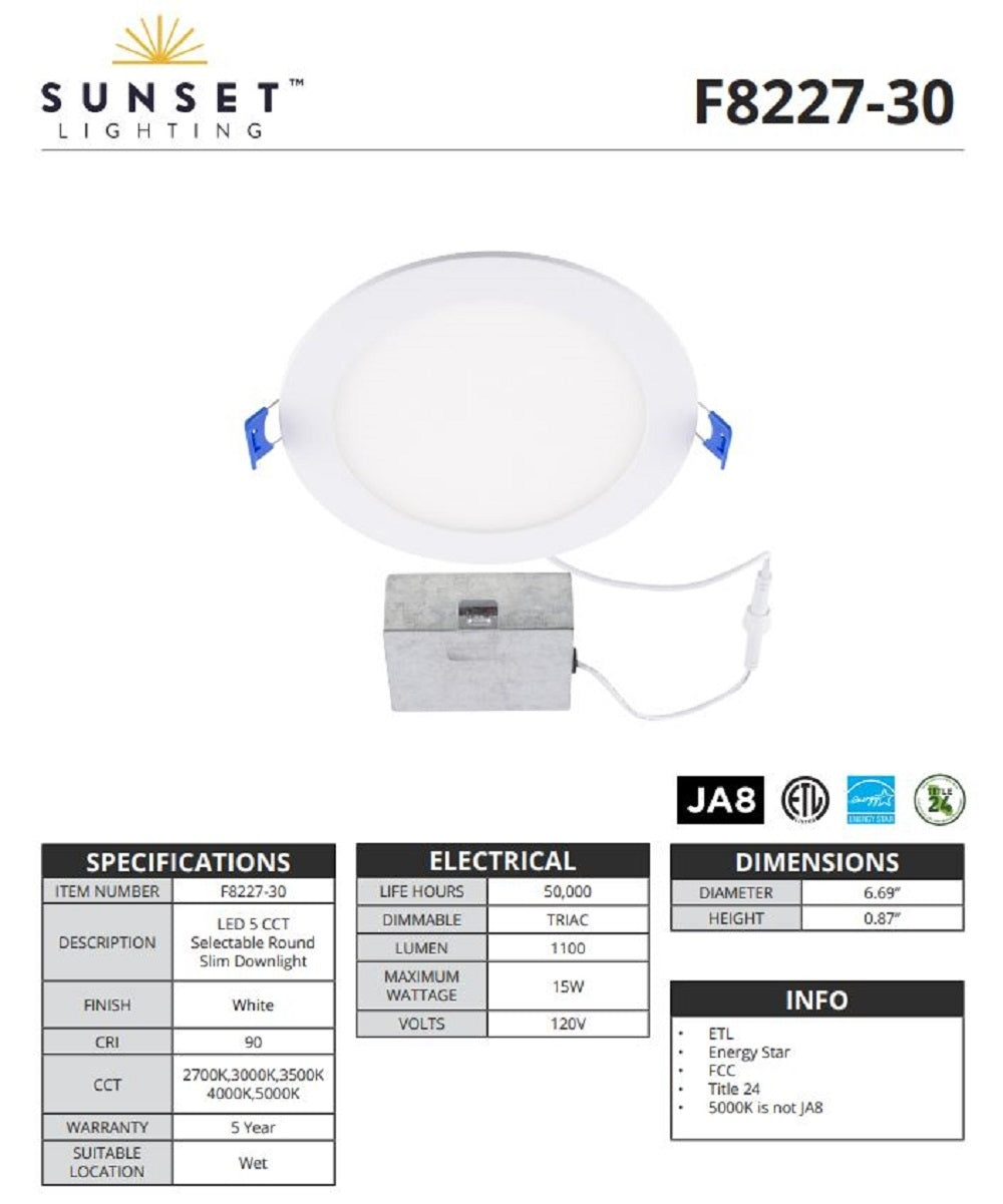 Sunset Lighting 5CCT Round LED Recessed Downlight 15W 5000K F8227-30