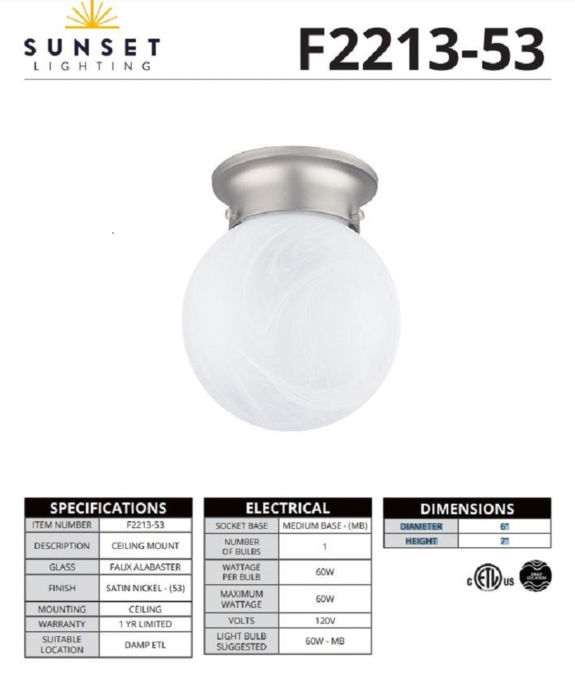 Sunset Lighting 6" Flush Mount with Faux Alabaster Glass, Satin Nickel Finish F2213-53