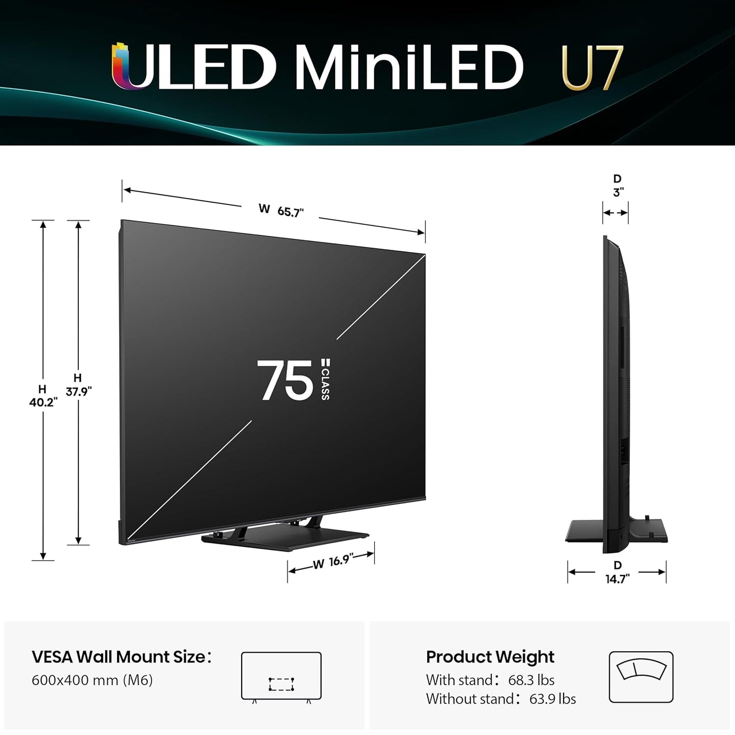 Hisense 75" Class U7 Series Mini-LED ULED 4K in Black - Smart Google TV 75U75QG