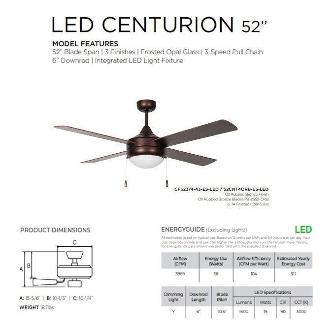 Luminance Concord Fans Centurion Ceiling Fan Downlight Oil Rubbed Bronze Finish 52CNT4ORB-ES-LED