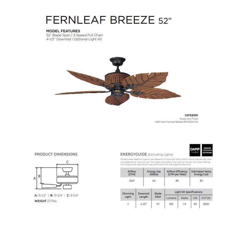 Concord Fernleaf Breeze 52" Rustic Iron Indoor/Outdoor Ceiling Fan 5-Blade 52FEB5RI