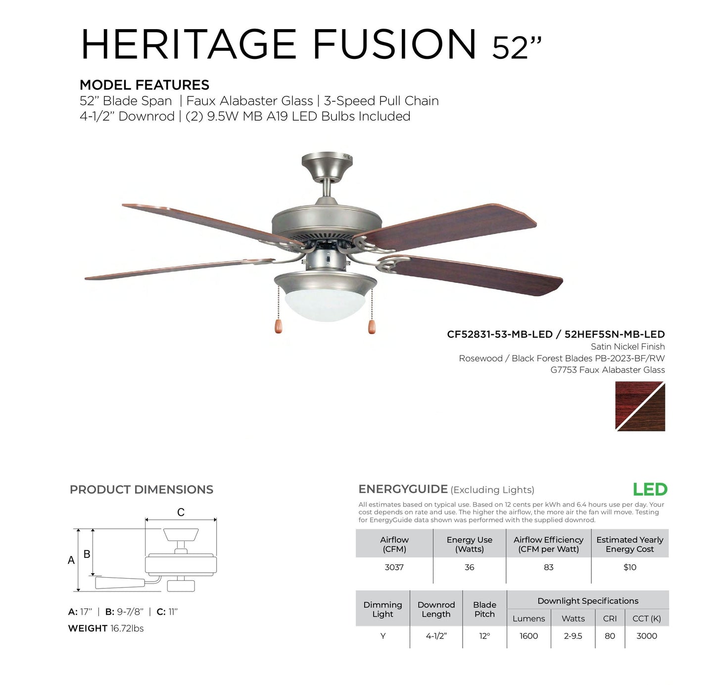 Concord Heritage Home 52" Satin Nickel LED Indoor Ceiling Fan Light Kit 5-Blade 52HEF5SN-MB-LED