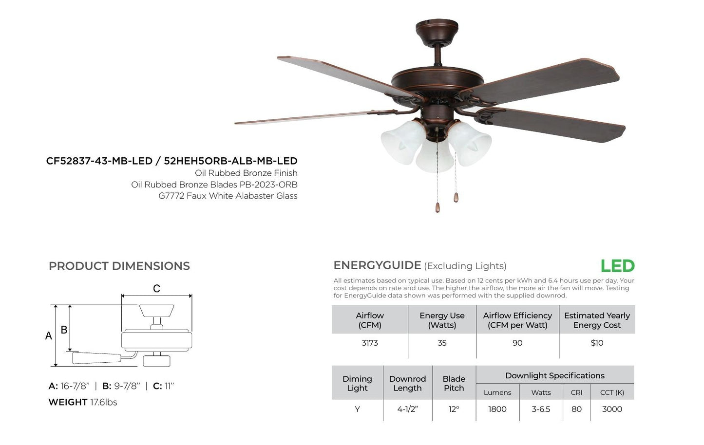 Luminance Heritage Home Oil Rubbed Bronze 52" Ceiling Fan Dual Mount 52HEH5ORB-ALB-MB-LED , 3x Turtle Light Kit (White Alabaster Marble Glass)