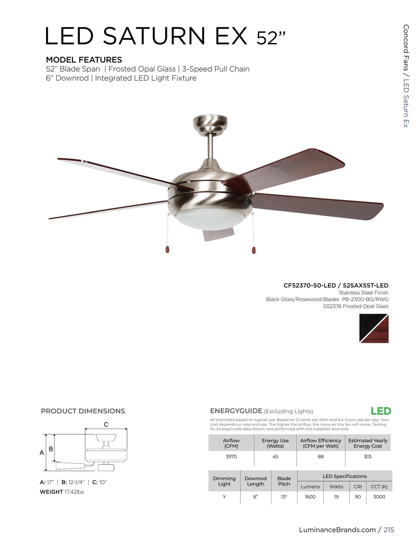 Concord Fans Ceiling Fan, Black Gloss/Rosewood Gloss - 52SAX5ST-LED