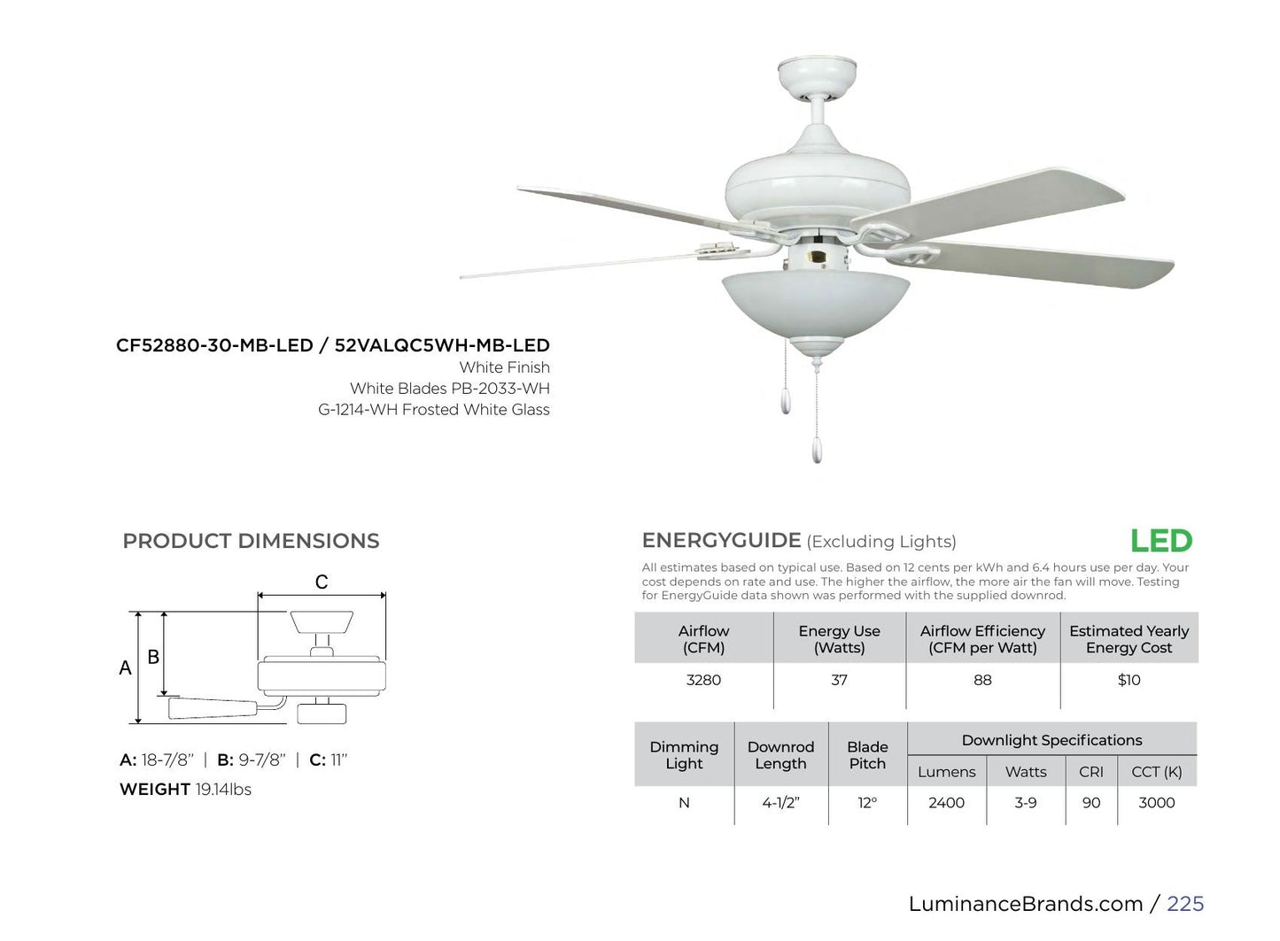 Concord Valore 52" White LED Indoor Ceiling Fan w/ Light 5-Blade 52VALQC5WH-MB-LED