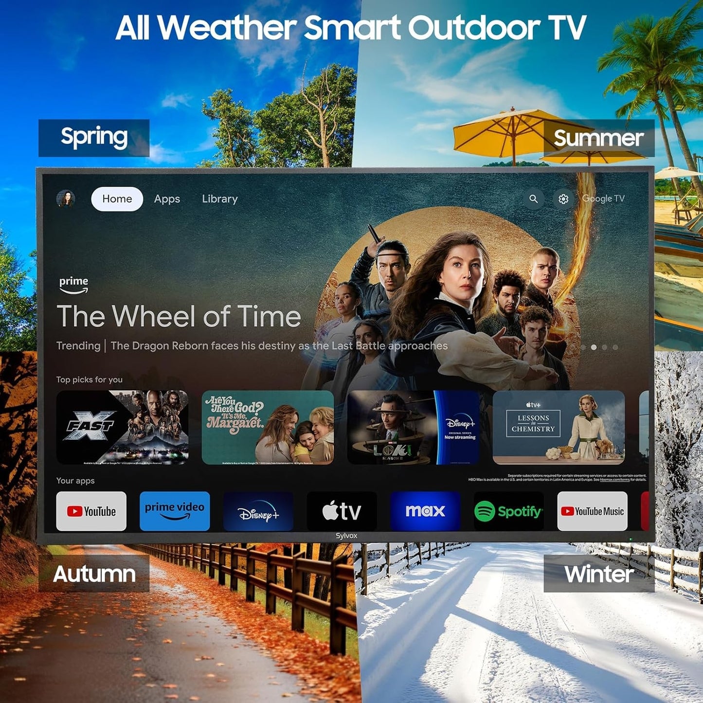 Sylvox 50" Patio Class Series 4K UHD Google System Partial Sun IP55 Waterproof Smart Outdoor TV (2025) OT50B1KHGB
