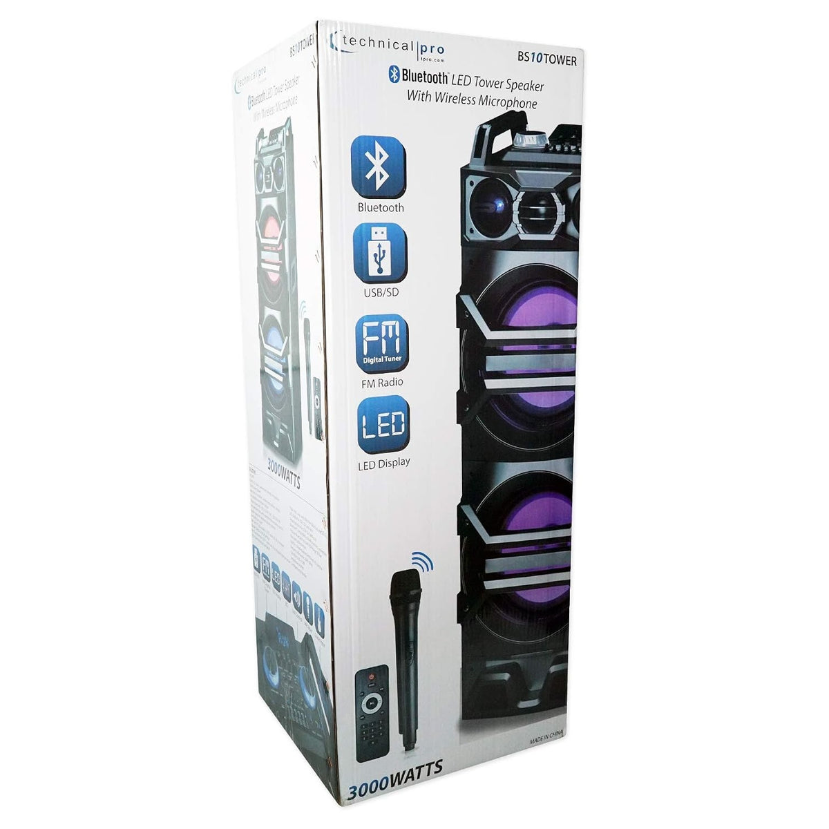 Technical Pro Dual 10" 3000w Powered Bluetooth Speaker w/USB/SD/LED+Wireless Mic BS10TOWER