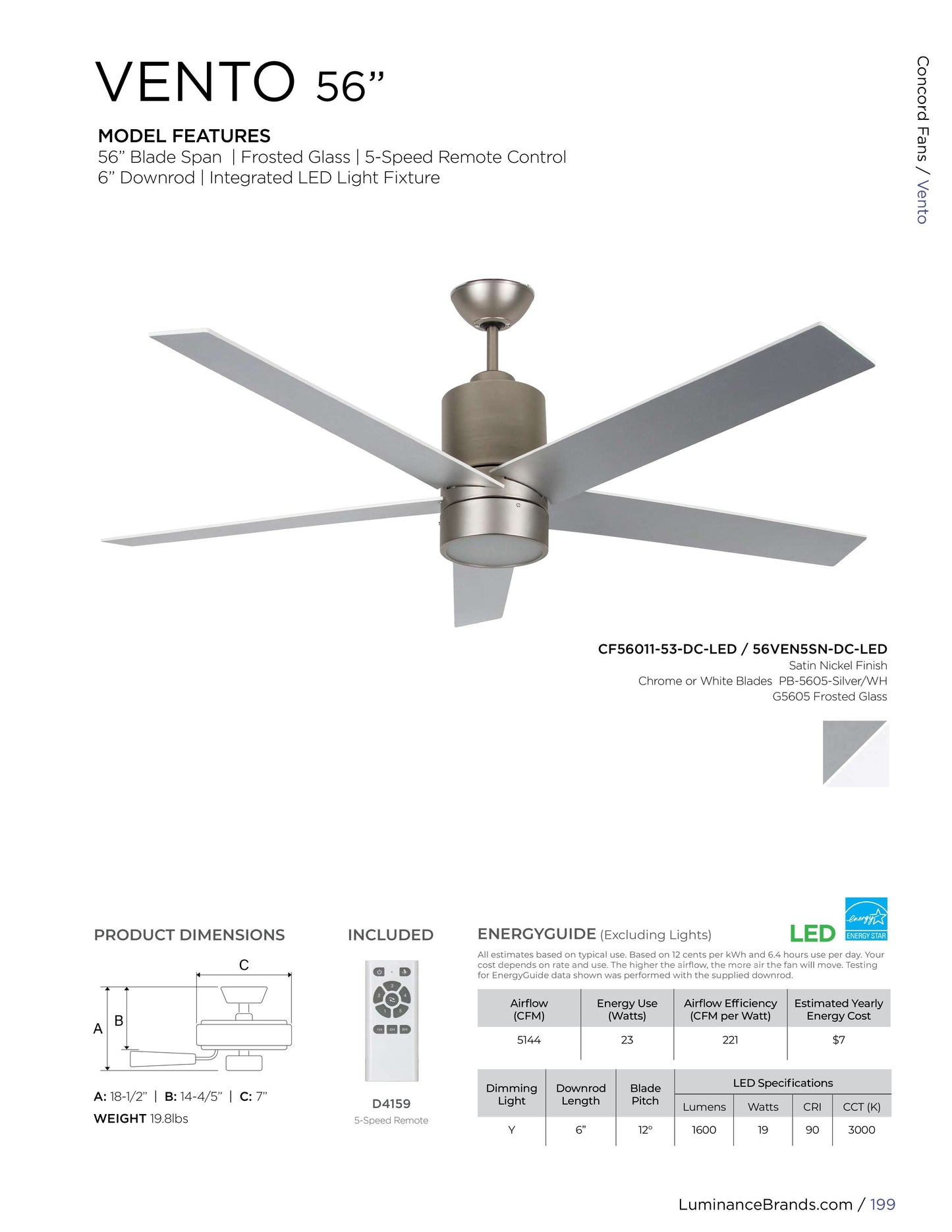 Concord Vento 56-in Satin Nickel Indoor Ceiling Fan with Light Kit and Remote (5-Blade)